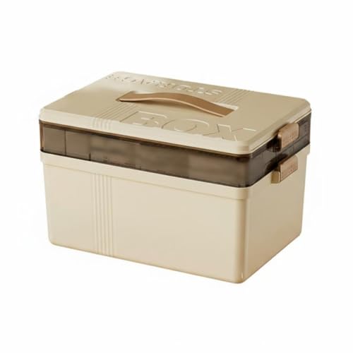 Yajuyi Medicine Storage Organizer Box With Stacked Compartments Multi Tier Case Portable Handle Bin Clear Lid Container Material suitable for home cabinet, Cream White, Double Layer Medicine Box