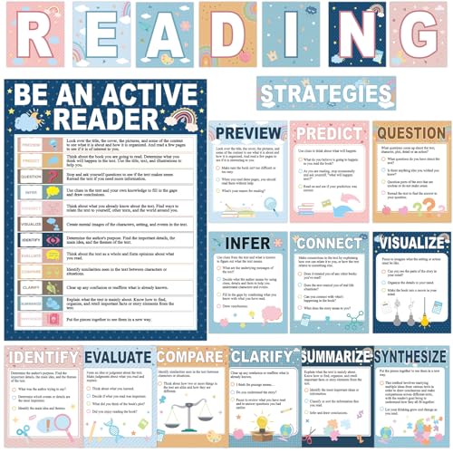 Yakydesign 21Pcs Reading Strategies Posters Reading Bulletin Board Decoration Read Corner Posters Boho Bulletin Board Decorations for Elementary Middle High School Library Wall Decor Teacher Supplies