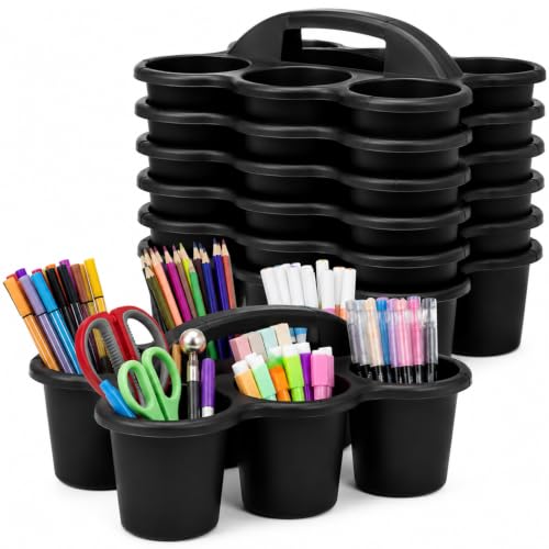 Yakydesign Plastic Caddy with Handle Set of 6 Classroom Caddy Organizer Cup Caddies Water Bottle Storage Crayon Caddies Plastic Cup Holder Drink Carrier for School Home Office Supplies (Black)