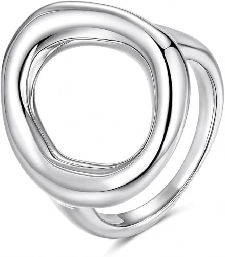 YeGieonr Gold Rings for Women Non Tarnish - 18K Gold Plated Stainless Steel Chunky Oval Statement Ring, Dainty Thick Waterproof Stackable Ring (O Shape Silver, 8)