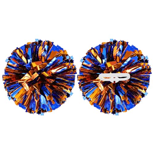 YELARXI Metallic Cheerleading Pom Poms Cheer Pompoms, 12 Inch with Handle Rings Fit for Team Spirit Sports Dance Cheering, (2Pcs, Blue Orange)