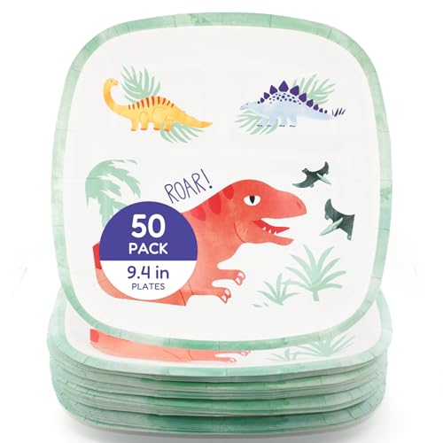 yesbox Dinosaur Paper Plates for Kids Party - 50 Pack 9.4 inch Square Paper Plates, Soak & Grease Proof Disposable Plates for Boys Girls Birthday, Baby Shower, School Events, Roar Party Supplies