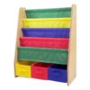 YGSCUQWEP Kids Bookshelf, 4-Tier Toddler Book Storage Organizer With 3 Removable Collapsible Fabric Bins, Natural/Primary Finish 25x11x31 Inch Rack For Nursery Playroom Bedroom