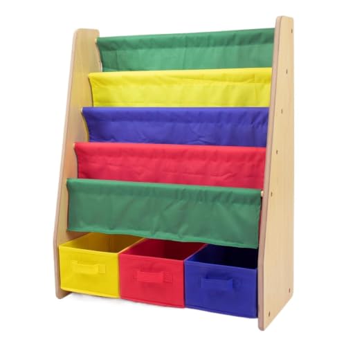 YGSCUQWEP Kids Bookshelf, 4-Tier Toddler Book Storage Organizer With 3 Removable Collapsible Fabric Bins, Natural/Primary Finish 25x11x31 Inch Rack For Nursery Playroom Bedroom