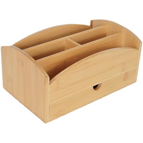 YHomU Solid Wood Storage Box, Lidless Compartmented Multi Grid Desktop Organizer with Drawer and Open Slots, Natural Wood Grain, Desk Mail Sorter for Home Office, Space Saving Tabletop Storage