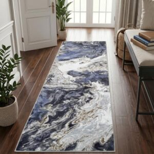 YIHOUSE 2x6 Blue Gold Marble Runner Rug, Washable Non Slip Hallway Carpet