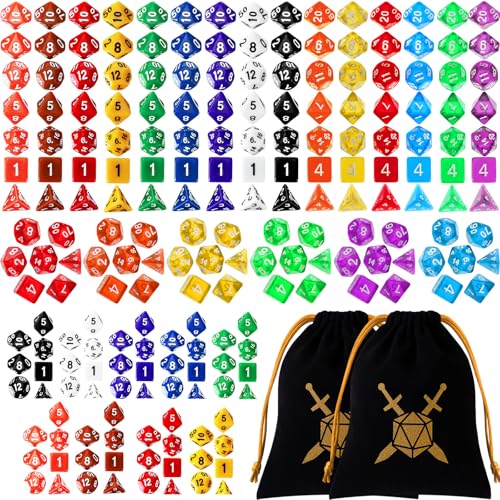 Yilloog 105 Pcs Dice Sets Bulk with Drawstring Bag Polyhedral Dice Sets Multi Role Playing Table Game D4 D6 D8 D10 D% D12 D20 (Basic Style)