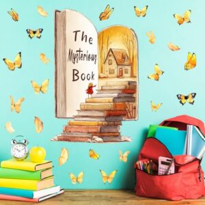 YIMEHDAN The Mysterious Book Wall Decal, Magic Ladder Book Educational Vinyl Wall Stickers, Removable Watercolor Reading with Butterfly Artwork for Kindergarten Classroom Llibrary Playroom Decor