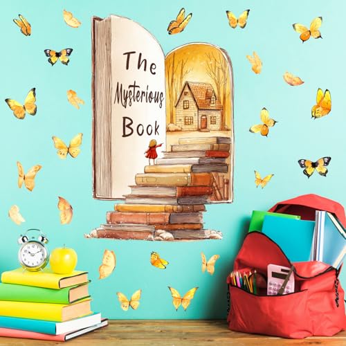YIMEHDAN The Mysterious Book Wall Decal, Magic Ladder Book Educational Vinyl Wall Stickers, Removable Watercolor Reading with Butterfly Artwork for Kindergarten Classroom Llibrary Playroom Decor