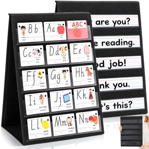 YIMITEE 2 Pack Tabletop Pocket Chart, 17" x 13" Double Sided Sticker Display Stand with 5 Strap, Black Desktop Calendar Pocket Chart, Foldable Fabric Sticker Holder for Classroom & Home