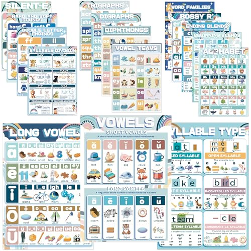 YIYDONG 16 Phonics Posters for Classroom - Learning Posters for Sound Wall Phonics Digraphs Blends Syllable Types Vowel Sounds Poster for Kindergarten, Elementary, Homeschool Supplies (Boho)