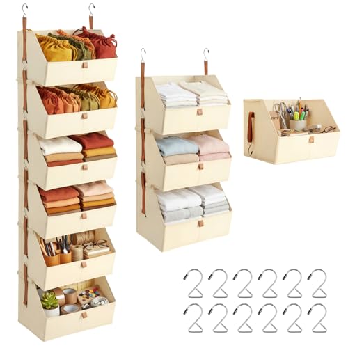 Yiyiring Hanging Closet Organizer 6 Tier Clothes Hanging Shelves with Hooks Zipper, Fabric Storage Bins Space Saving Closet System Collapsible Basket for Sweater Handbags, Laundry Bedroom Rv Dorm Home