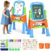 YOHOOLYO Kids Easel Standing Art Easel for Kids, Double Sided Children Pink Purple Easel Magnetic Chalkboard Whiteboard Dry Eraser Board Great Gift for Girls (Blue)