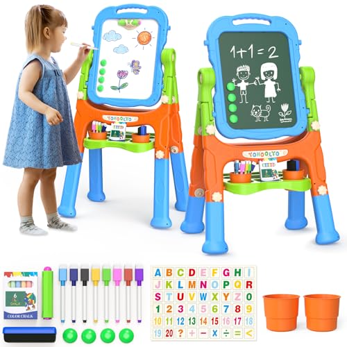 YOHOOLYO Kids Easel Standing Art Easel for Kids, Double Sided Children Pink Purple Easel Magnetic Chalkboard Whiteboard Dry Eraser Board Great Gift for Girls (Blue)