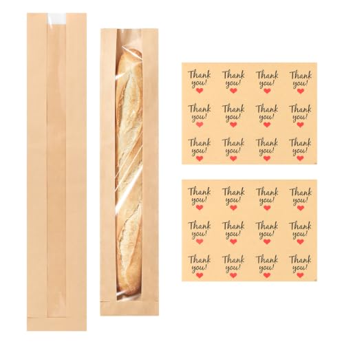 Yoodelife Baguette Bags for Homemade Bread with Stickers, Reusable Kraft Paper French Bread Loaf Packing Bags, Long Sourdough Paper Bag with Clear Front Window Bakery Storage Bag, Pack of 20
