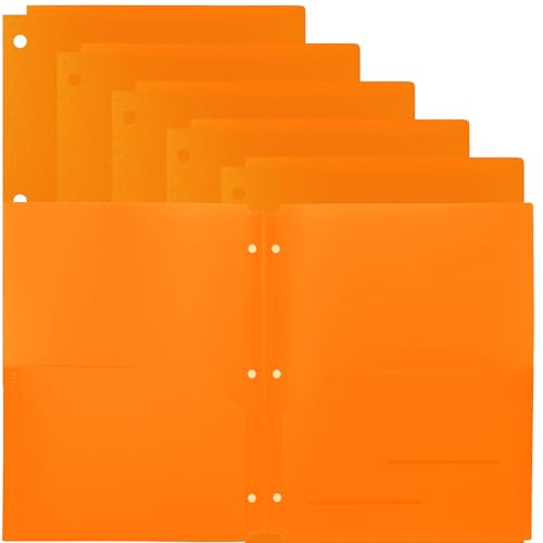 Youngever 6 Pack Heavy Duty Plastic Two Pocket Folders, Binder Dividers with Pocket, 3 Hole Punch Folder with Notches, Binder Folders (Orange)