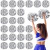 Yunsailing 50 Pcs Cheerleading Pom Poms with Handle Bulk Metallic Foil Plastic Pom Poms for Dance, Matches, Squad Spirit Sports, Stage Performance, Celebration (Silver)