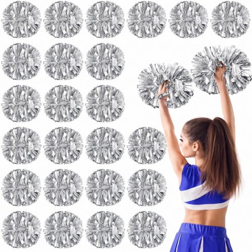 Yunsailing 50 Pcs Cheerleading Pom Poms with Handle Bulk Metallic Foil Plastic Pom Poms for Dance, Matches, Squad Spirit Sports, Stage Performance, Celebration (Silver)