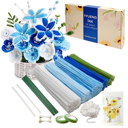 YYUENGTAK 350 Pcs Blue Pipe Cleaners Flower kit with tutoria,Fluffy Yarn,Green Floral Wires,Gardening Tape,Stamen(2 Colors),Pipe Cleaners Craft,Chenille Stems for DIY Art Projects Creative Gift