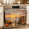 Zadaling Sunset Ocean Oven Skirt Curtain with 8 Ribbon Ties, Fall Summmer Beach Chair Pumpkin Flower Coastal Tie Top Stove Curtain for Oven Door, Dishwasher Cabinet, 30"x21.5"
