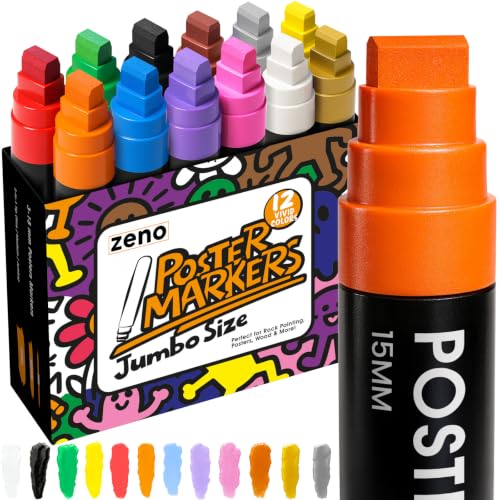 ZENO Jumbo Acrylic Paint Markers – 12 Vibrant Colours, 3-in-1 15mm Chisel Tip, Waterproof Jumbo Poster Markers for Rocks, Wood, Glass, Fabric, Crafts, Thick Paint Pens for Artists & Kids GEN2