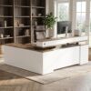 ZIMASYA 71" L-Shaped Electric Standing Desk with Raised Monitor Shelf & File Cabinet, Farmhouse Sit-Stand Desk with Drawers, Outlets & Privacy Panel for Home & Office, Wood & White