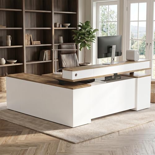 ZIMASYA 71" L-Shaped Electric Standing Desk with Raised Monitor Shelf & File Cabinet, Farmhouse Sit-Stand Desk with Drawers, Outlets & Privacy Panel for Home & Office, Wood & White