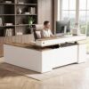 ZIMASYA 71" L Shaped Executive Standing Desk with Table Board & File Cabinet Drawers Outlet USB,Height Adjustable Modern Sit-to-Stand Desk with Privacy Panel for Boss Managers Office Home