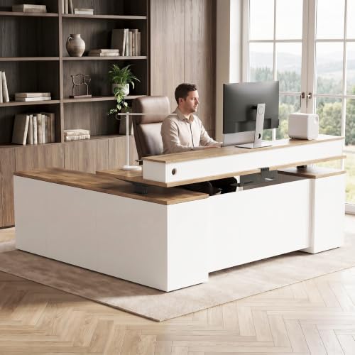 ZIMASYA 71" L Shaped Executive Standing Desk with Table Board & File Cabinet Drawers Outlet USB,Height Adjustable Modern Sit-to-Stand Desk with Privacy Panel for Boss Managers Office Home