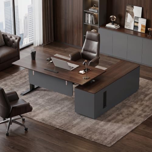 ZIMASYA 71'' Reversible L Shaped Electric Standing Desk with Storage Cabinet, 29.5 to 48.1 Inch Height Adjustable Executive Desk with Memory Control,Locking Drawer,Power Hub,Rising Modesty Panel