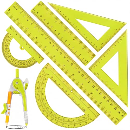 Zonon 1 Set Plastic Geometry Math Set 7 Pcs Includes 6'' / 4 '' Protractor, Drawing Compass, 45/60 Degree Triangle Rulers, 12'' / 6'' Math Ruler Transparent for Office Supplies(Yellow)