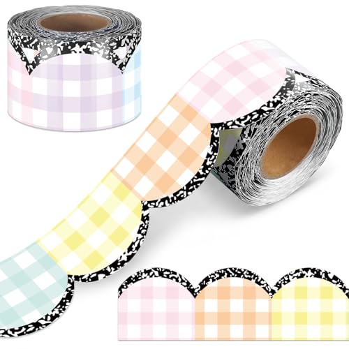 Zonon 65ft Gingham Bulletin Board Border Scalloped Composition Edge Pastel Classroom Decoration for Party Rolling Whiteboard Walls Desks Windows Doors Lockers Schools(Rainbow)
