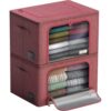 ZYUNOACYR 2 Pack Stackable Two-Section Fabric Storage Bins, Closet Organizer Bags With Clear View Window And Carry Handles, Multi-Compartment Available In Blue, Pink, Green, Gray And Beige(Pink)