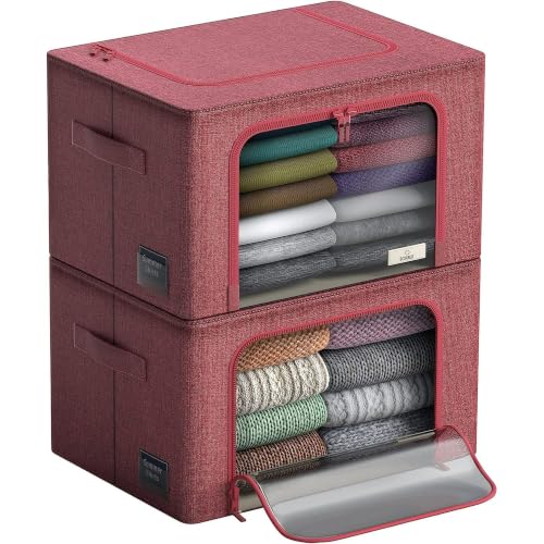 ZYUNOACYR 2 Pack Stackable Two-Section Fabric Storage Bins, Closet Organizer Bags With Clear View Window And Carry Handles, Multi-Compartment Available In Blue, Pink, Green, Gray And Beige(Pink)