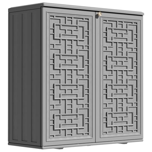 ZZM HDPE Outdoor Storage Shed, Outdoor Plastic Storage Cabinet, Horizontal Resin Tool Shed for Garden, All Weather Outdoor Storage Clearance, DIY Usage, with one Shelf (Gray)