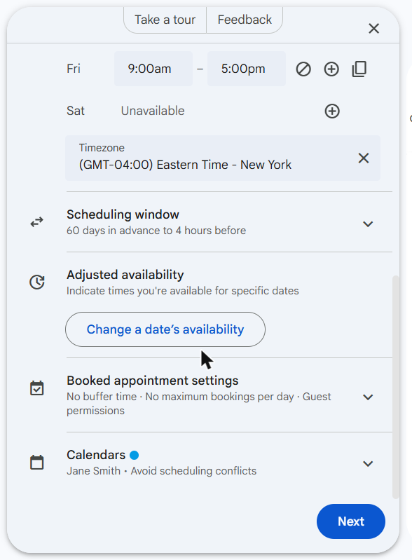 Scheduling window, adjusted availability, booked appointment settings, and calendars sections of the setup panel