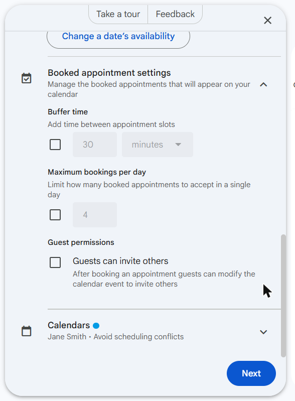 Booked appointment settings expanded showing buffer time, maximum bookings per day, and guest permissions