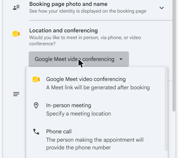 Location and conferencing dropdown open showing Google Meet video conferencing, In-person meeting, and Phone call
