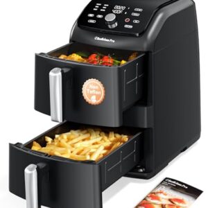 12QT Large Double Air Fryer, Family-Size Dual Airfryer with 2 Baskets, SyncHeat Even Heating, Stacked Compact Design, Smart Finish & Match Cook, PFAS-Free Nonstick, Dishwasher-Safe, Black