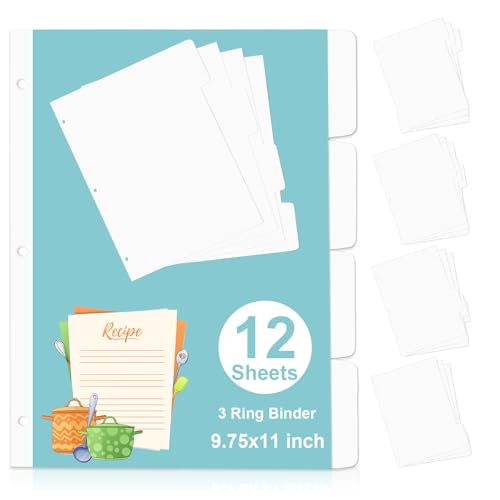 12 Sheets Plastic Recipe Dividers for 3 Ring Binder with 4 Tabs 9.75X11 inch Recipe Book Dividers Recipe Binder Separators Recipe Binder Index Tab Dividers White Family Recipe Binder (White)