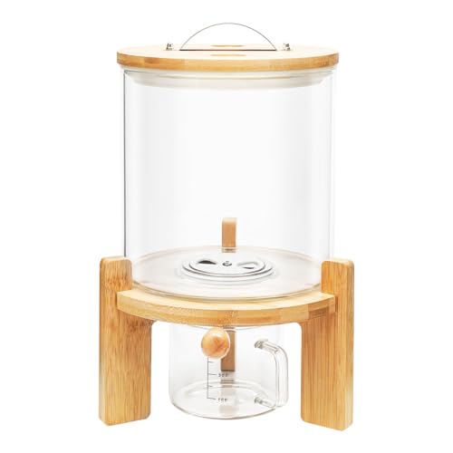14 in H Rice Dispenser, 5l Glass Food Storge Container For Kitchen Organization And Pantry Store W/Airtight Lid, Measuring Cup And Wooden Stand For Grain Coffee Beans Dry Food.