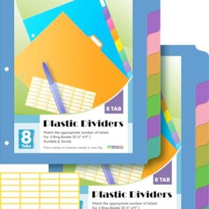 16 PCS 8 Tab Binder Dividers for 3 Ring Binder,Thicken, Write & Erase Reusable Waterproof Plastic Binders for School & Office Files, 2 Set, Extra 40 Labels