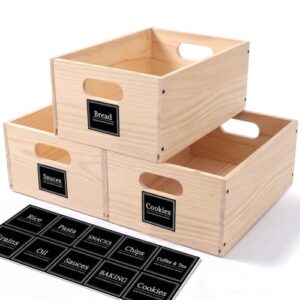 3 Pack Pantry Organizer Baskets, Wooden Crates with Built-in Handles, 8.5 x 11.5in Stackable Pantry Storage Bins, Wooden Storage Box for Pantry Cabinet Organization