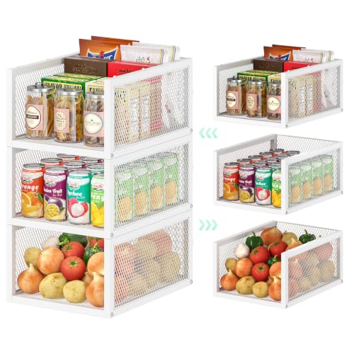 3 Pack Stackable Wire Pantry Organizers and Storage Basket, Pantry Kitchen Storage Shelf, Open Front Access, Pull-out & Space Saving Fruit Basket Stand, Storage Bins for Food Snack Can Onion Potato