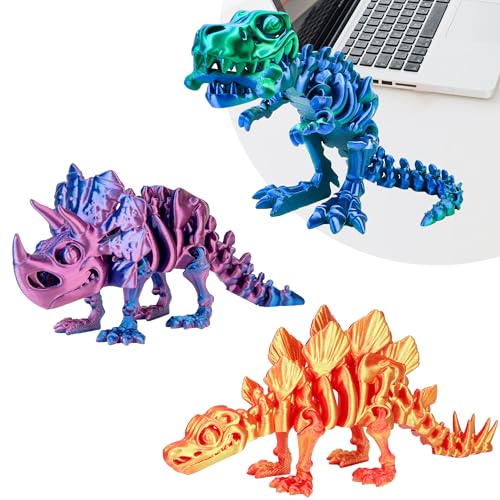3PCS 3D Printed Dinosaur Skeletons, 3D Printed Dragon Animals Toys Set, T-Rex Triceratops Stegosaurus Fidget Toys Adults Desk, Poseable, Articulated Joints, Easter Basket Stuffers, Home Decor