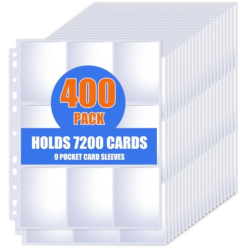 400 Pack 9 Pocket Card Sleeves Binder Sheets, Trading Card Sleeves for 3 Ring Binder, Holds 7200 Cards, Card Holder Binder Pages Protectors Fit for MTG, TCG, Baseball, Football, Game, Business Cards