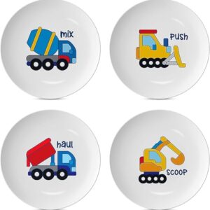 4E's Novelty 4 Melamine Kids Plate Set for Boys, Construction Toddler Plate Set - Truck Character Child Dinnerware Set with Fun and Joy, BPA-Free, 10-Inch Lightweight Construction Dinnerware for Kids