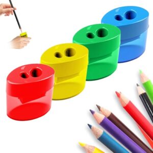 4 Pcs Pencil Sharpeners with Lid, 2026 New Dual Holes Compact Colored Handheld Pencil Sharpener, Mini Portable Sharpener Plastic Durable Sharpener for Kids Adults Students Home Office (Oval)