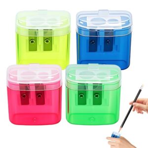 4 Pcs Pencil Sharpeners with Lid, 2026 New Dual Holes Compact Colored Handheld Pencil Sharpener, Mini Portable Sharpener Plastic Durable Sharpener for Kids Adults Students Home Office (Square)