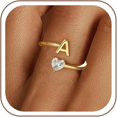 FEZODO Heart Initial Rings for Women
